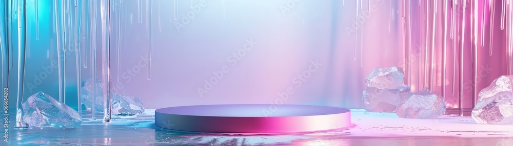 Abstract geometric podium with glowing lights in pink and blue colors, suitable for product display or studio background. Summer color. Abstract geometric podium with glowing lights in pink and blue colors, suitable for product display or studio background. Summer color.