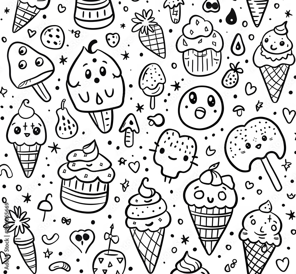 Kawaii Ice Cream line art style, simple coloring page for kids Kawaii Ice Cream line art style, simple coloring page for kids