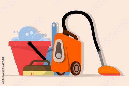Concept of Tools for cleaning and housework. Vacuum cleaner, floor sweeping brush, dustpan, bucket filled with water and soap suds. Cute flat style vector illustration.