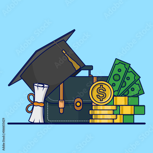 Concept of education costs, tuition fees or scholarships, education cost allocation, money for university or graduation, college diploma, dollar coin with graduation cap and mortarboard certificate.