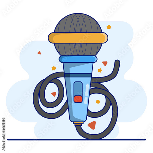 Cute microphone illustration icon. microphone icon concept. podcast recording microphone in studio. Audio device icon or print. Sound recording studio sticker, flat cartoon style vector illustration.