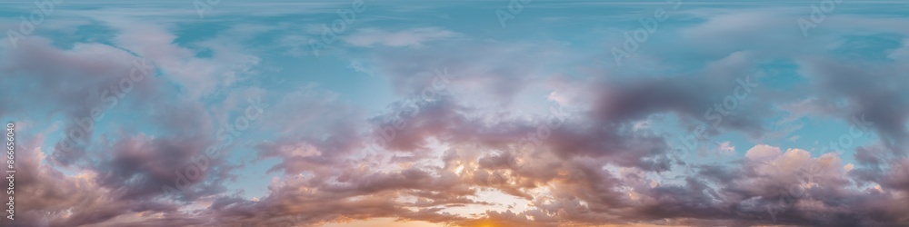 Obraz premium 360 panorama of glowing sunset sky with bright pink Cumulus clouds. HDR 360 seamless spherical panorama. Full zenith or sky dome sky replacement for aerial drone panoramas. Climate and weather change.