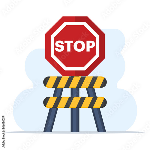 Barrier concept with stop sign, Protective road barrier with yellow lines to block the road. road stop sign and road guardrail, flat vector illustration on background.