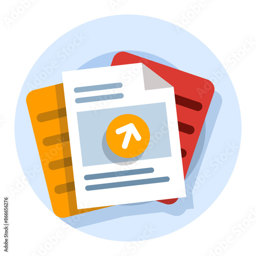 concept of Uploading office files in flat style. Uploading office document icon. File upload tasks for business and presentations, Documents from computer folders, business archives. Job files. photo