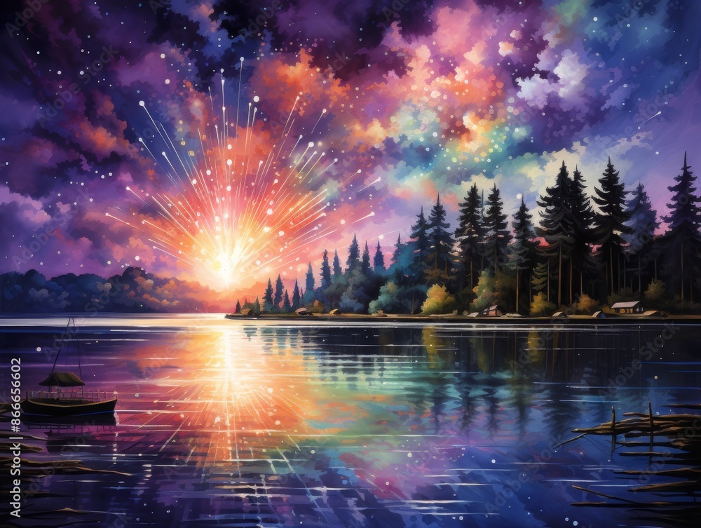 A vibrant sunrise explodes over a serene lake, with a line of trees silhouetted against the colorful sky. A vibrant sunrise explodes over a serene lake, with a line of trees silhouetted against the colorful sky.