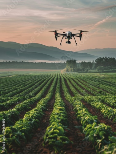 Drone Flying Over Rows of Crops in a Field at Sunset