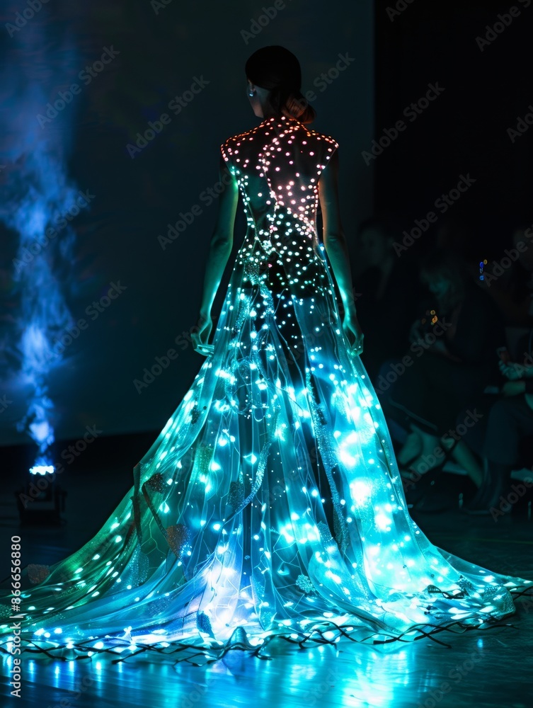 © Bendix - Woman Modeling Illuminated Blue and Pink Dress on Runway