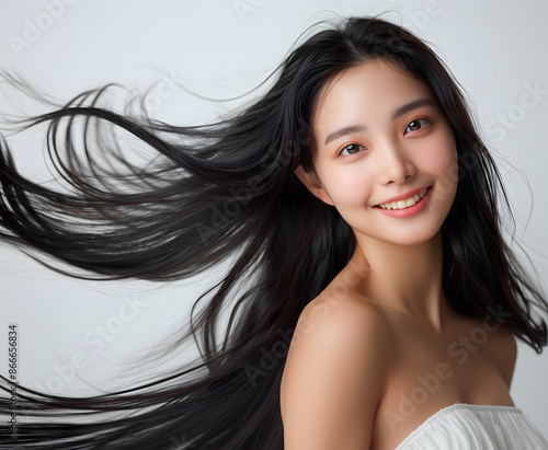 A young woman with a bright smile and beautiful, flowing black hair. Ideal for advertising shampoo, conditioner and cosmetic products. This image emphasizes the beauty and elegance of nature.