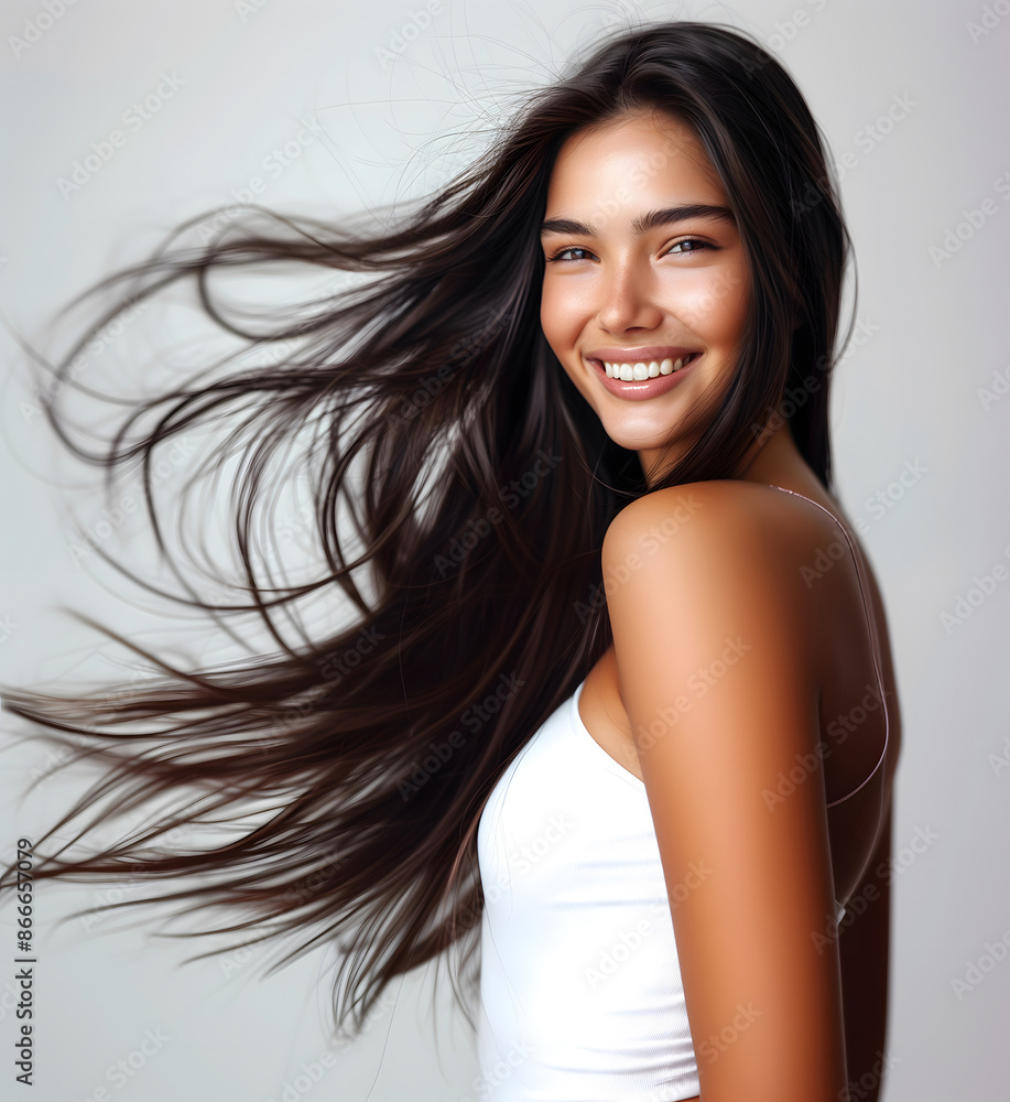 A young woman with a bright smile and beautiful, flowing black hair. Ideal for advertising shampoo, conditioner and cosmetic products. This image emphasizes the beauty and elegance of nature. A young woman with a bright smile and beautiful, flowing black hair. Ideal for advertising shampoo, conditioner and cosmetic products. This image emphasizes the beauty and elegance of nature.