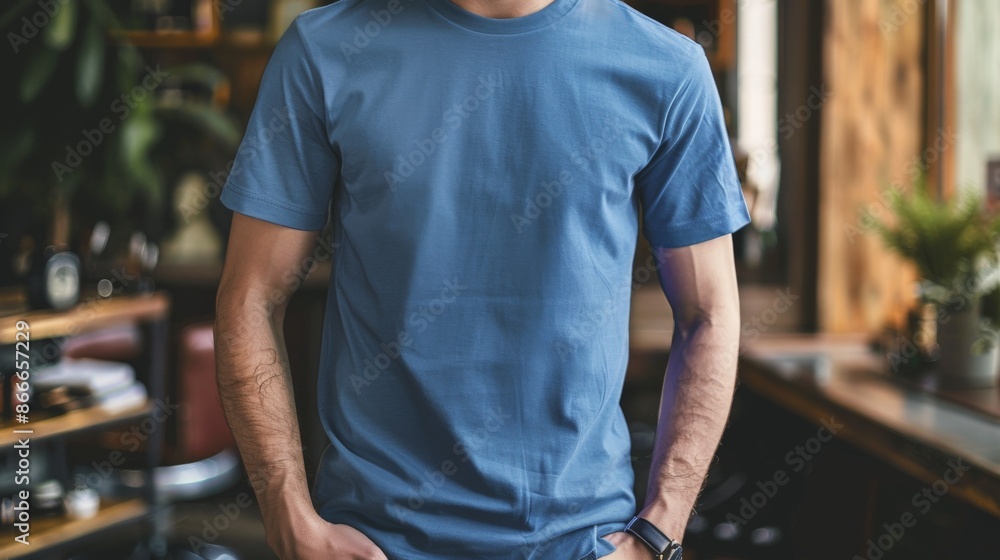 A man stands wearing a blank blue t-shirt A man stands wearing a blank blue t-shirt