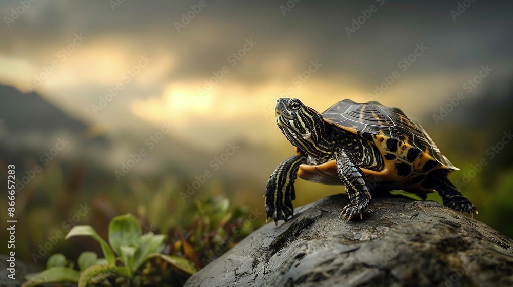 realistic nature photography of turtle standing on a rock realistic nature photography of turtle standing on a rock
