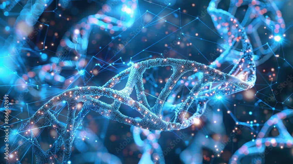 3D illustration of a glowing blue DNA double helix strand with network of connecting lines and particles. Concepts of genetics, science, biology, medicine, and genetic engineering. 3D illustration of a glowing blue DNA double helix strand with network of connecting lines and particles. Concepts of genetics, science, biology, medicine, and genetic engineering.