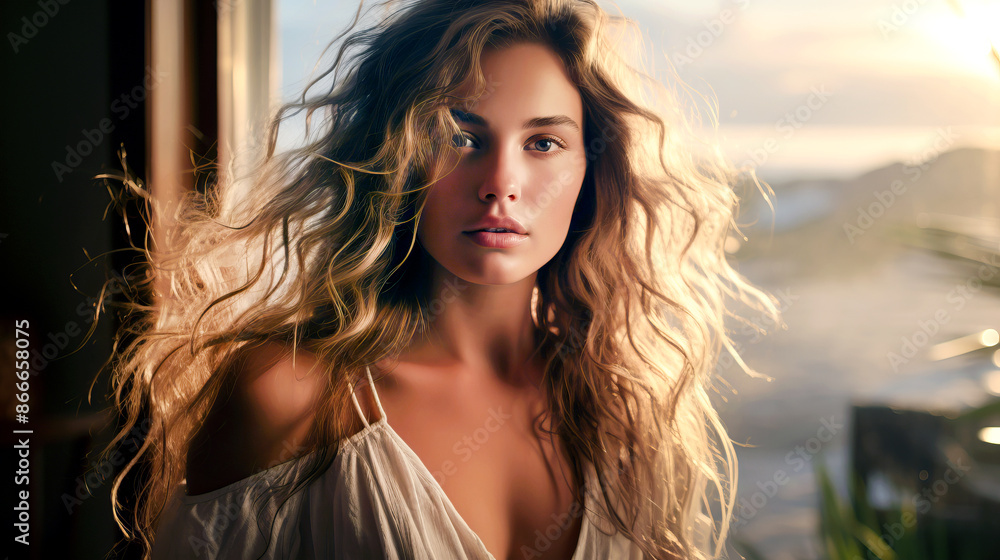 A young woman with long, flowing hair illuminated by golden sunlight, standing indoors near the window with a serene and natural background. A young woman with long, flowing hair illuminated by golden sunlight, standing indoors near the window with a serene and natural background.