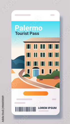 Tourist pass design with a building and scenic background on a smartphone screen