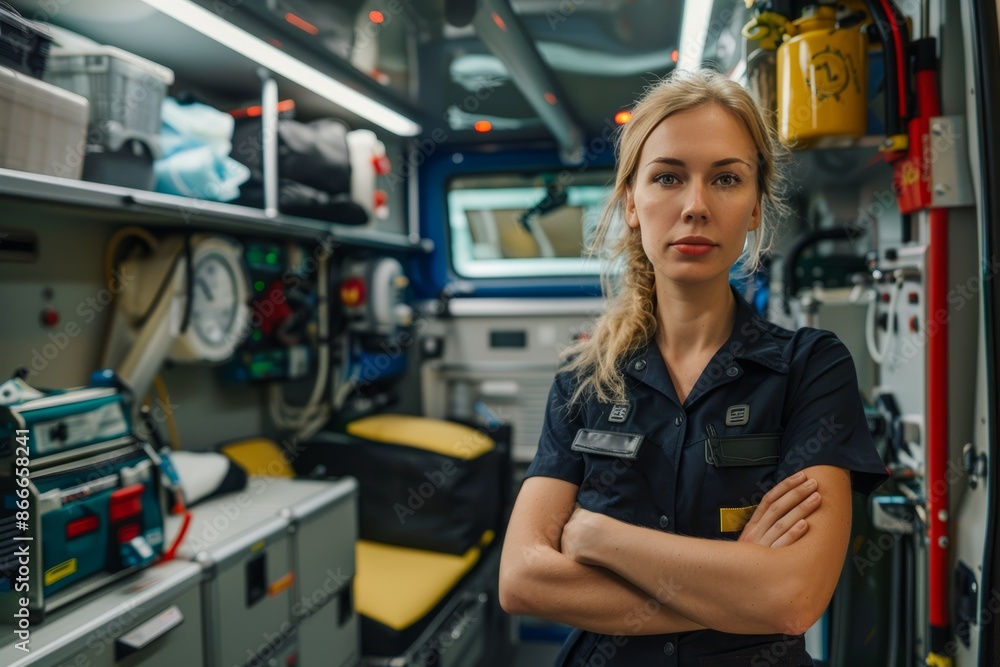 Determined female paramedic standing in ambulance, arms crossed Determined female paramedic standing in ambulance, arms crossed