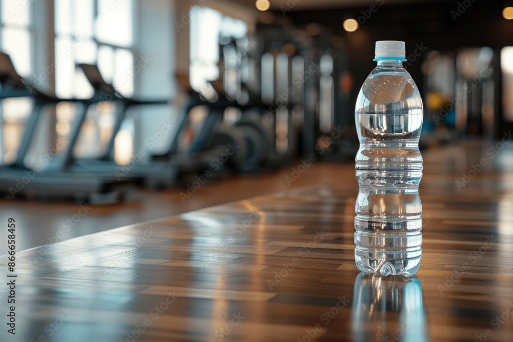 transparent water bottle on the gym counter, blurry fitness equipment in the background transparent water bottle on the gym counter, blurry fitness equipment in the background
