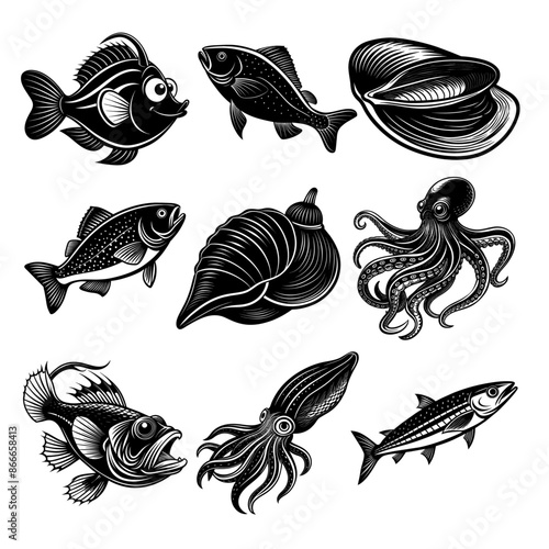 vector, set _ Black and White Illustrations of Sea Creatures and Fish, silhouette illustrations of various sea creatures in hand drawn style