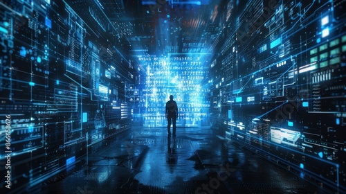 Businessman standing in a futuristic digital space, surrounded by data streams and glowing grids. Concepts. big data, technology, innovation, future. © Lisa_Art