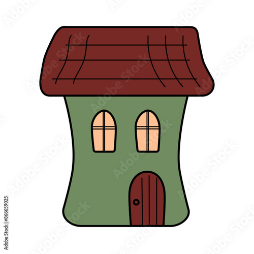 Green house isolated on white background. Vector illustration. Home icon. Brown roof, door. Village property concept. Ecology building. Construction industry. Sustainable Living. Light in the window.