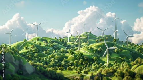 Wind turbines generating clean energy on lush green hills, a sustainable future powered by renewable energy. Concept of green energy, environmental conservation, and sustainability.