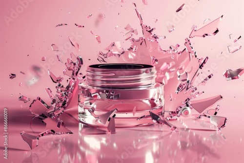 Pink cosmetic jar with broken glass on a pink background 3d illustration beauty and fragility concept