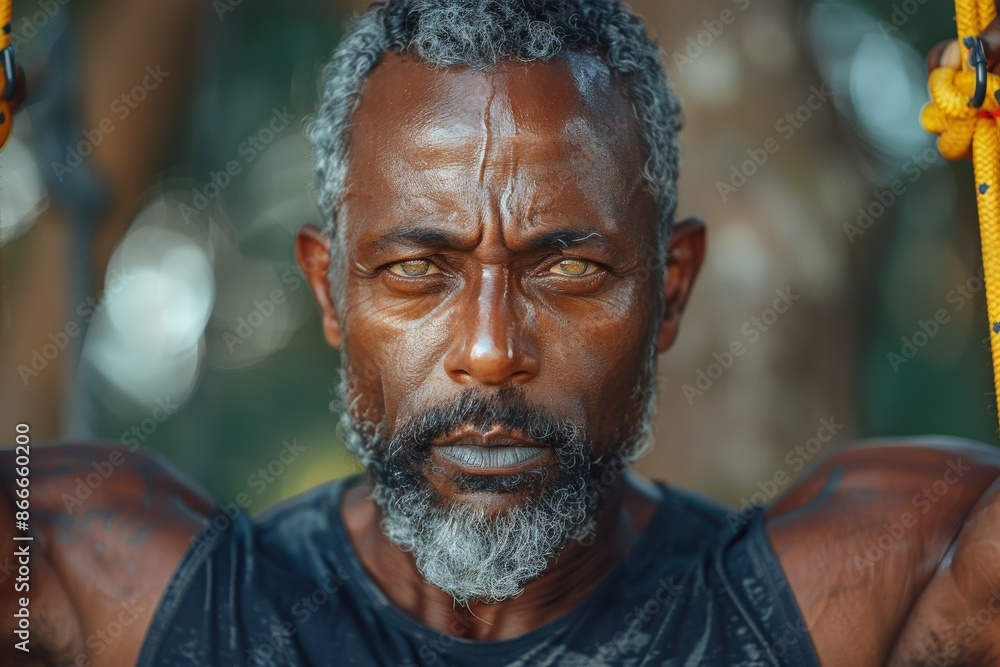 A muscular man with intense eyes and gray beard grips ropes tightly in an outdoors setting, showcasing his strength, resilience, and determination in a powerful portrait.