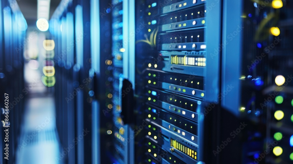 Server room with rows of network equipment, blinking lights, and cables. Concepts. data center, cloud computing, hosting, technology, and cybersecurity. Server room with rows of network equipment, blinking lights, and cables. Concepts. data center, cloud computing, hosting, technology, and cybersecurity.