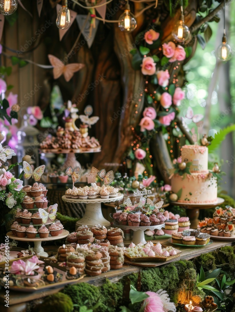 Fairy-Themed Dessert Table With Cupcakes, Doughnuts, and a Cake at a Garden Party Fairy-Themed Dessert Table With Cupcakes, Doughnuts, and a Cake at a Garden Party