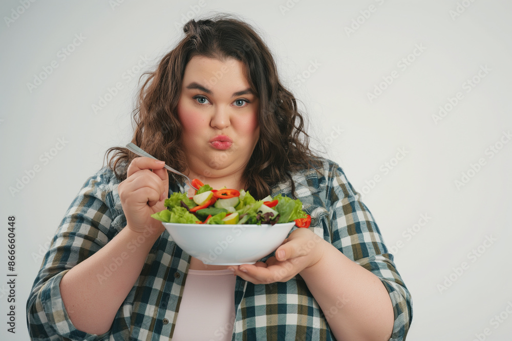 sad plump overweight plus size woman eating vegetable salad on white background sad plump overweight plus size woman eating vegetable salad on white background