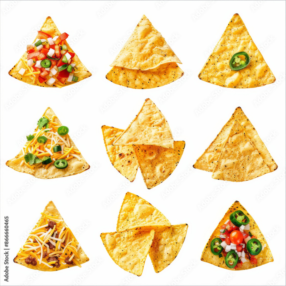 Assortment of Mexican nacho chips, isolated on a white background Assortment of Mexican nacho chips, isolated on a white background