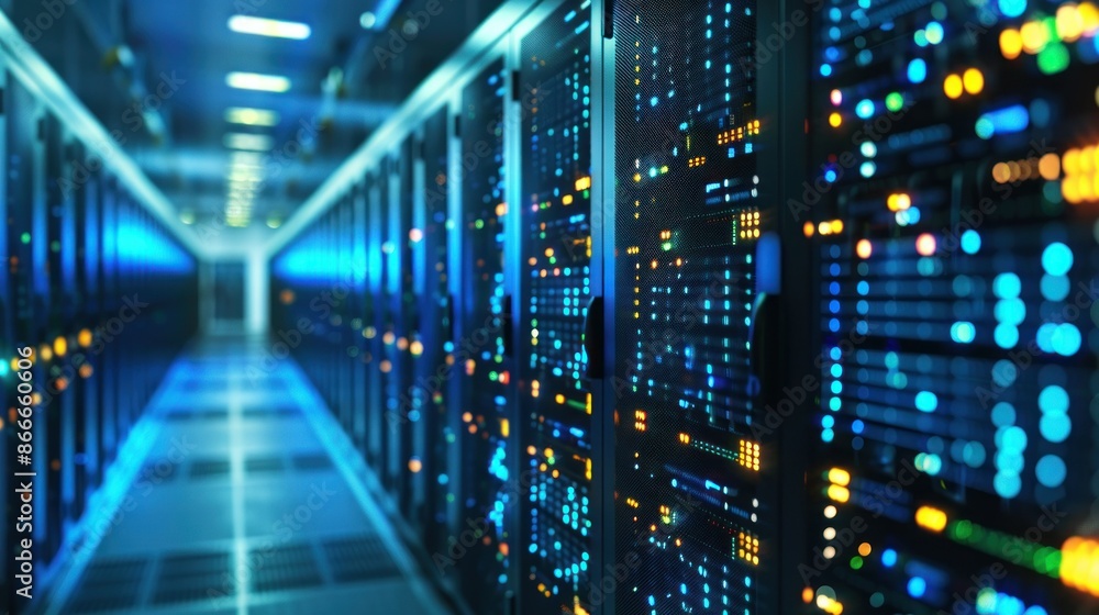 Servers illuminated in blue in a modern data center, representing big data, cloud computing, and network infrastructure. Servers illuminated in blue in a modern data center, representing big data, cloud computing, and network infrastructure.
