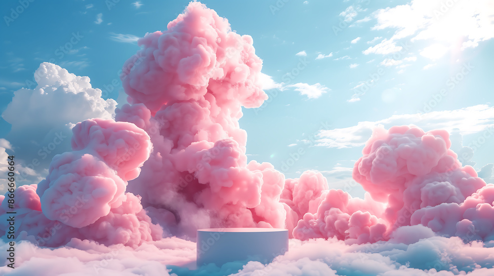 surreal modern wood podium outdoor on blue sky pink gold pastel cloud with space.Beauty cosmetic product placement pedestal present promotion minimal display,spring or summer paradise dream concept. surreal modern wood podium outdoor on blue sky pink gold pastel cloud with space.Beauty cosmetic product placement pedestal present promotion minimal display,spring or summer paradise dream concept.