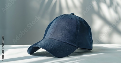 A Dark Blue Baseball Cap Resting on a White Surface Near a Window