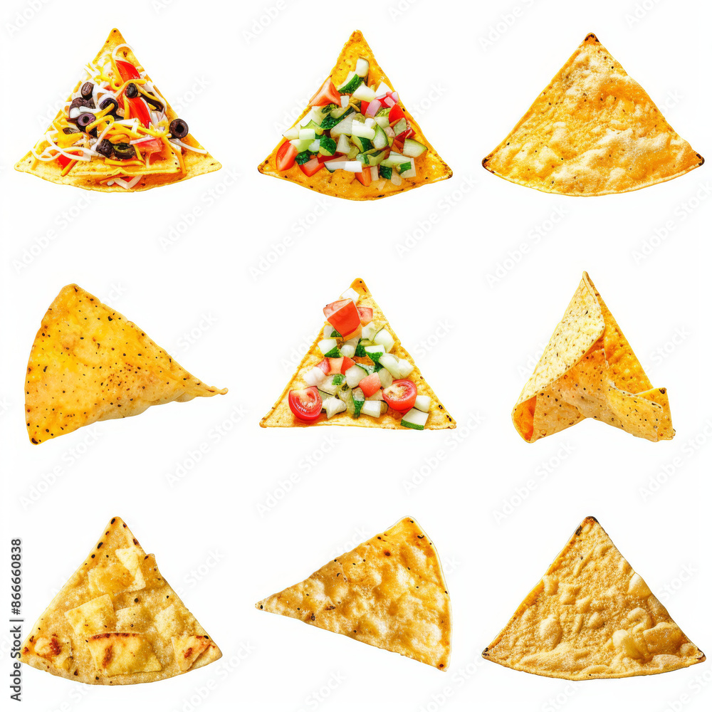 Assortment of Mexican nacho chips, isolated on a white background Assortment of Mexican nacho chips, isolated on a white background