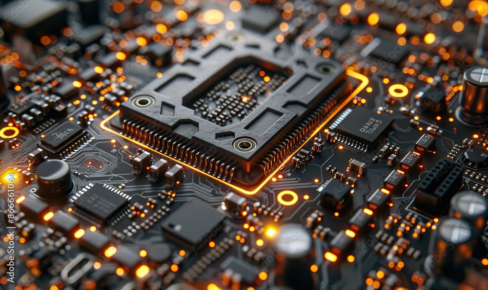 Advanced microchip or CPU closeup with AI technical details as wide banner design, leaving copy space. Advanced microchip or CPU closeup with AI technical details as wide banner design, leaving copy space.