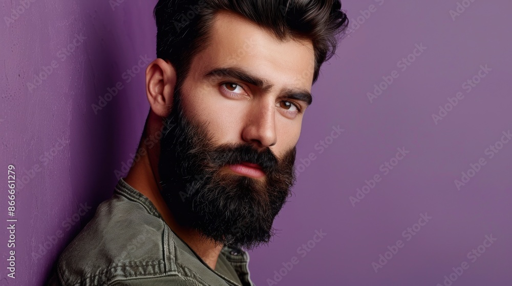 Fototapeta premium middle aged man with beard looking at camera on purple background