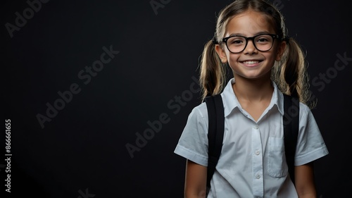 smiling nerd kid girl in white shirt on plain dark black with copy space