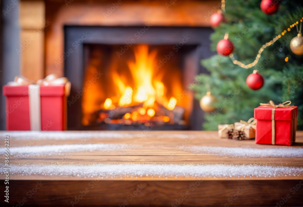 Wooden table in front of fireplace with wood burning in background Wooden table in front of fireplace with wood burning in background