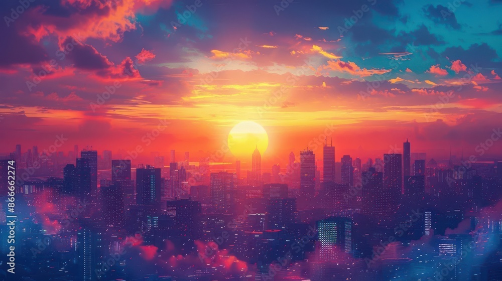 Vibrant sunrise over a hopeful cityscape, optimism, positivity and hope Vibrant sunrise over a hopeful cityscape, optimism, positivity and hope