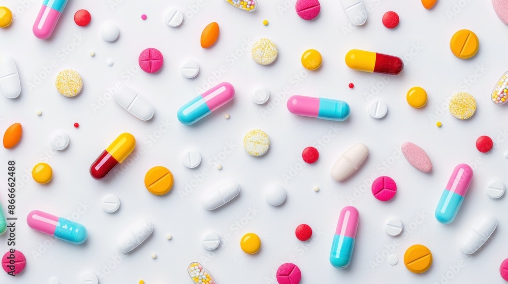 Colorful pills and tablets arranged neatly on white table, medical concept flat lay shot Colorful pills and tablets arranged neatly on white table, medical concept flat lay shot