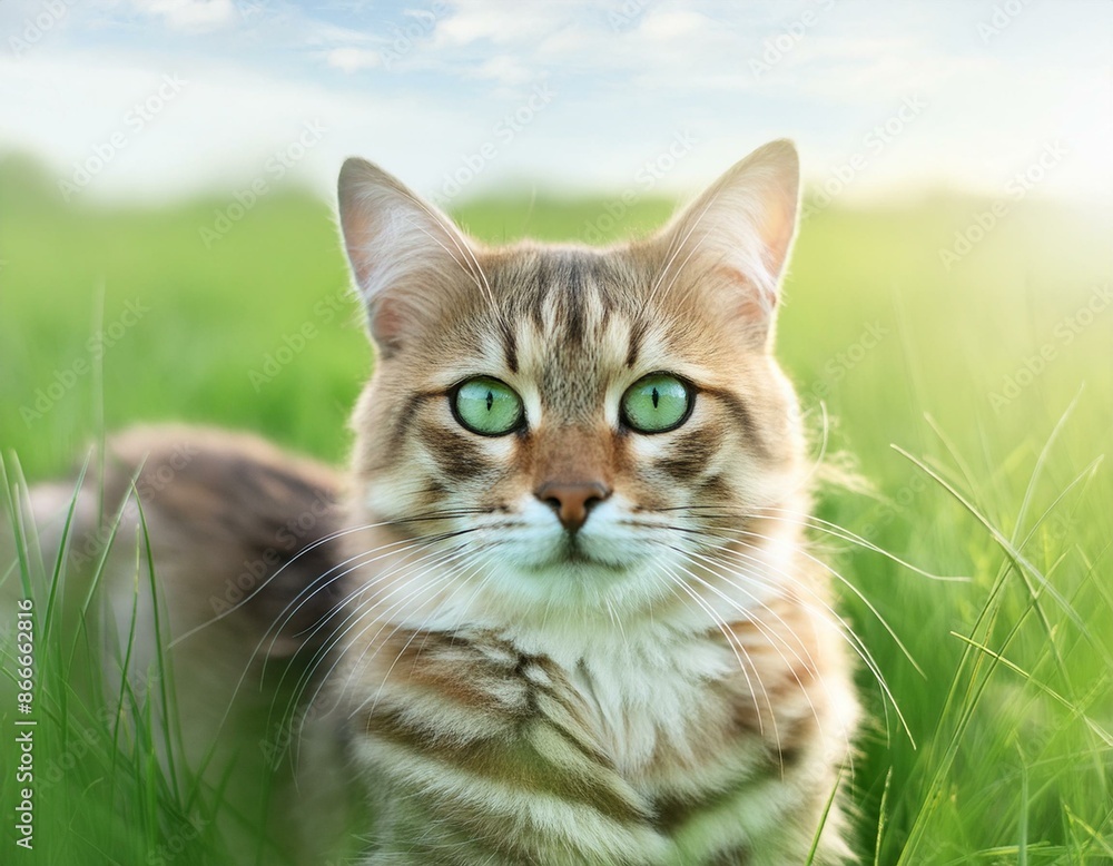 a cat with beautiful fur in the middle of a meadow a cat with beautiful fur in the middle of a meadow