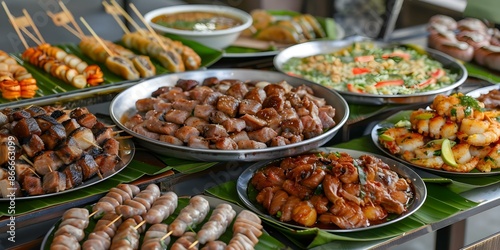 Assorted Filipino meat dishes on a plate showcasing the countrys culinary diversity. Concept Filipino Cuisine, Meat Dishes, Culinary Diversity, Assorted Platter, Local Flavors photo