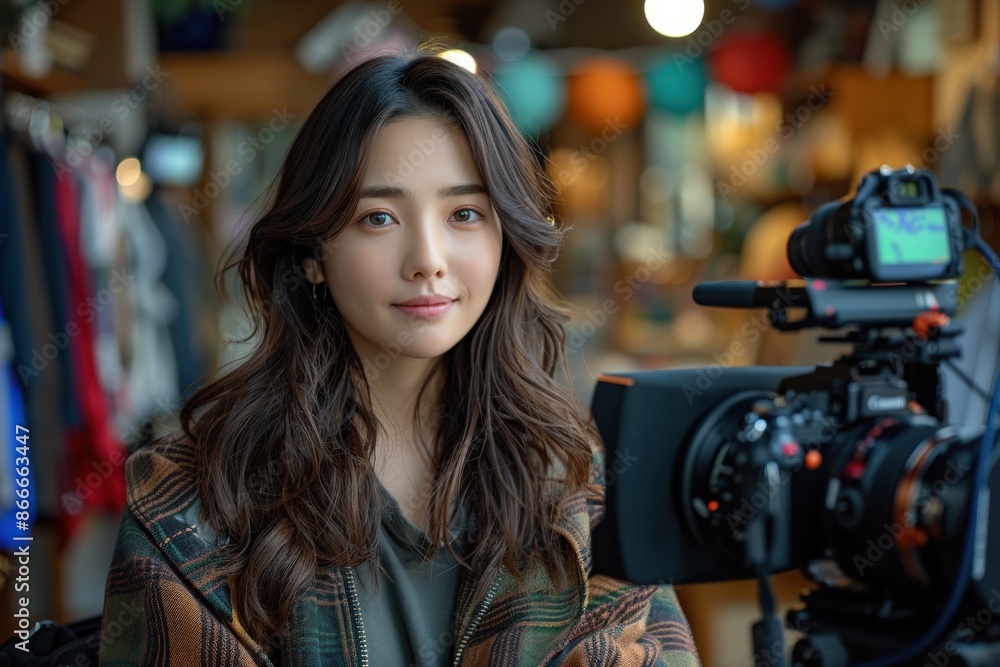 A woman with long hair is posing in front of a camera in a studio setting, surrounded by lights and studio equipment, showcasing a professional environment. A woman with long hair is posing in front of a camera in a studio setting, surrounded by lights and studio equipment, showcasing a professional environment.