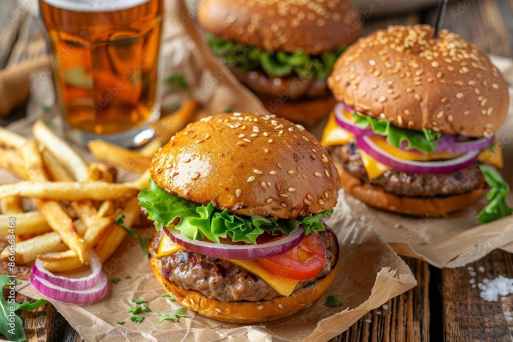 Appetizing burger design, with a focus on the textures and colors of each layer, inviting a closer look Appetizing burger design, with a focus on the textures and colors of each layer, inviting a closer look