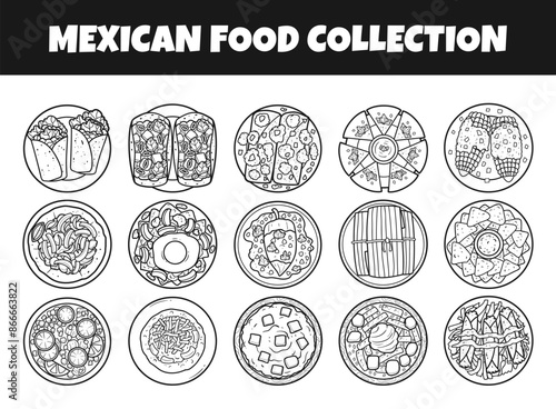 Mexican food outline vector illustration set