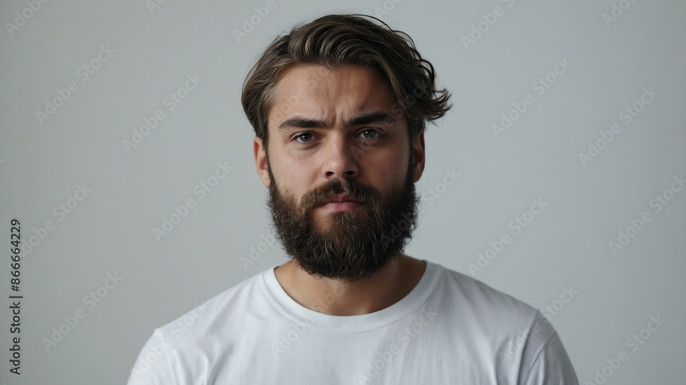 young bearded guy serious confident portrait looking at camera on plain white background young bearded guy serious confident portrait looking at camera on plain white background