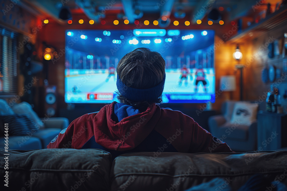 Obraz premium An individual is seated comfortably and engrossed in an exciting ice hockey game on a large-screen TV, set within the cozy confines of a warmly lit room during winter.
