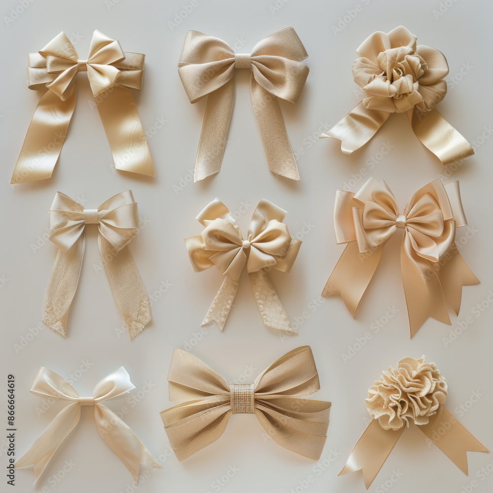 Collection of beige canvas ribbons and bows isolated on a white background Collection of beige canvas ribbons and bows isolated on a white background