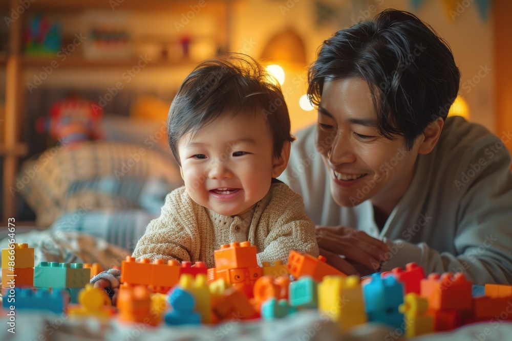 Fototapeta premium A father and his child are joyfully playing with colorful building blocks in a cozy room, highlighting a close bond and joyful family time between them.