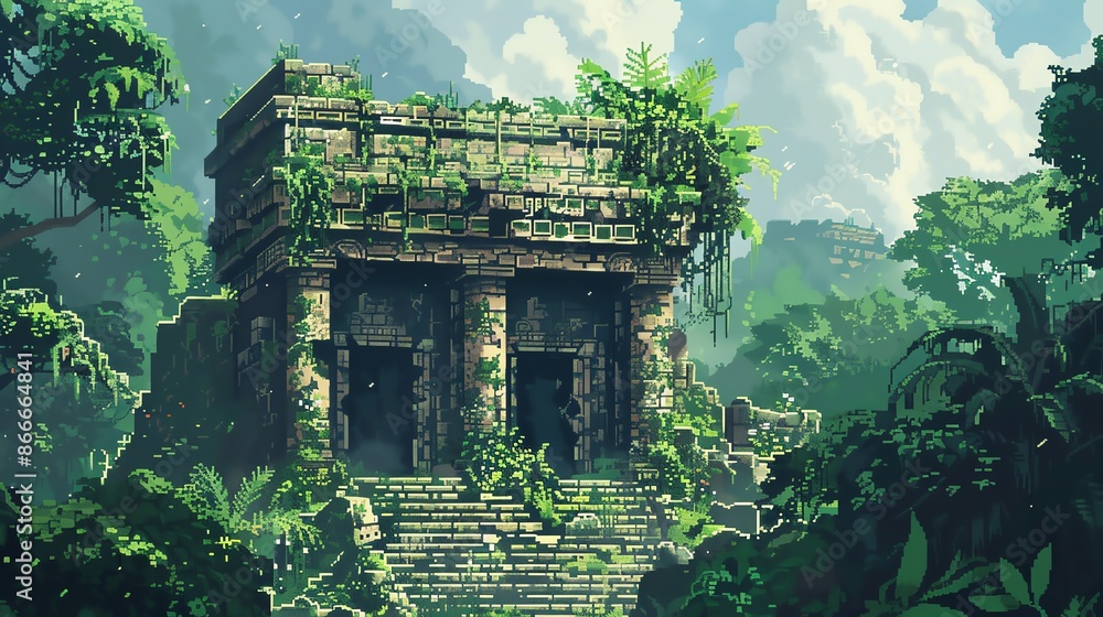 Ancient stone temple ruins covered in jungle vegetation, bathed in sunlight, representing historical architecture and mystery. Ancient stone temple ruins covered in jungle vegetation, bathed in sunlight, representing historical architecture and mystery.